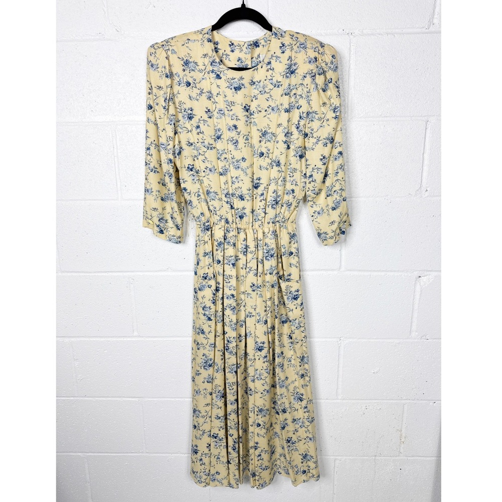 Vintage Cottagecore Floral Midi Dress Womens Yellow Blue Size Medium